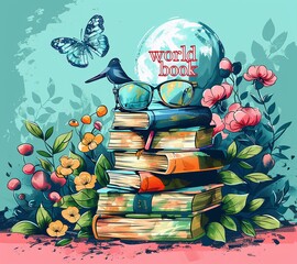 A stack of books with a bird on top and a butterfly nearby.