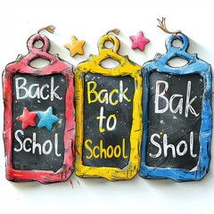 Three colorful back to school tags with stars and stars on them.