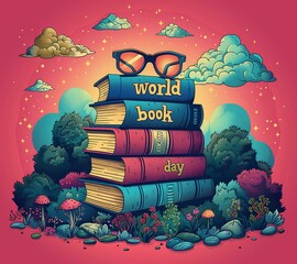 A colorful illustration of a stack of books with a pair of glasses on top, celebrating World Book Day.