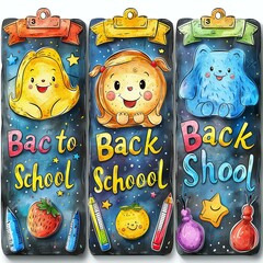 Three colorful back to school supplies with cartoon characters on them.