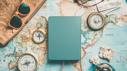 A green hat, aqua sunglasses, an electric blue compass, a watercolored notebook, and a map with an...
