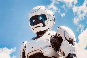 Futuristic white humanoid robot with advanced technological design against a blue sky with clouds.