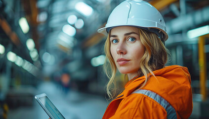 A woman engineer wearing an orange jacket spacious building with high ceilings and bright lights, in the style of industrial manufacturing.