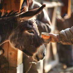 Fototapeta premium Farmer milks the donkey close up at wooden corral 