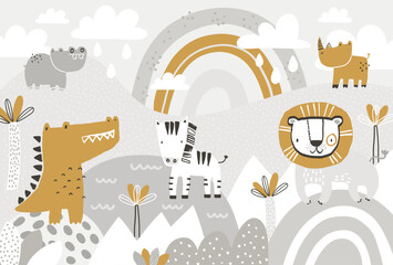 Vector cute lion, zebra, crocodile, hippo, rhino and rainbow illustration in scandinavian style. Mountain landscape, clouds. Children's tropical wallpaper. Jungle, children's room design, wall decor. © ZHUKO