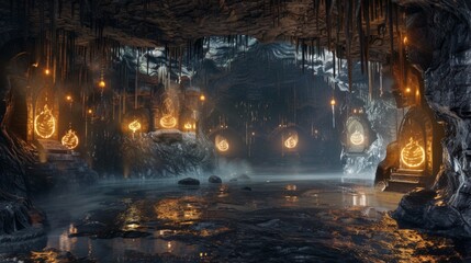 A mystical underground scene with golden lanterns casting a warm glow over the rocky surfaces and reflective water.