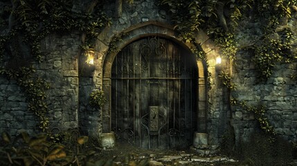 Obraz premium A mysterious medieval gate enveloped in lush ivy and lit by vintage lanterns, invoking a sense of ancient secrets and adventure.