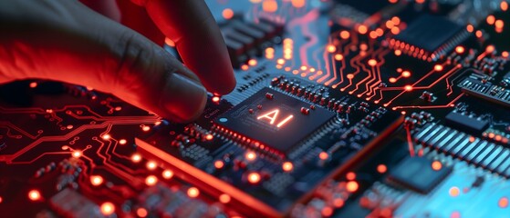 AI semiconductor chip - there is an AI semiconductor chip on the electronic circuit, and a finger is pointing at it