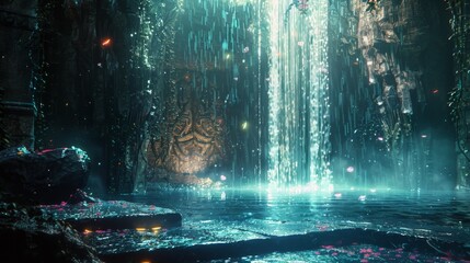 A breathtaking scene of a mystical cave adorned with vibrant flora and a shimmering waterfall cascading into a serene pool.