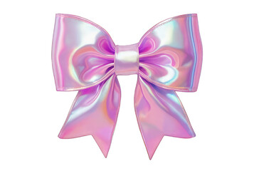 3D render of a bow on a transparent background. Holographic sparkling element in Y2K style. Liquid chrome, vintage girly accessory in pastel pink color, icon, metal surface.