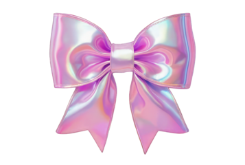 3D render of a bow on a transparent background. Holographic sparkling element in Y2K style. Liquid chrome, vintage girly accessory in pastel pink color, icon, metal surface.