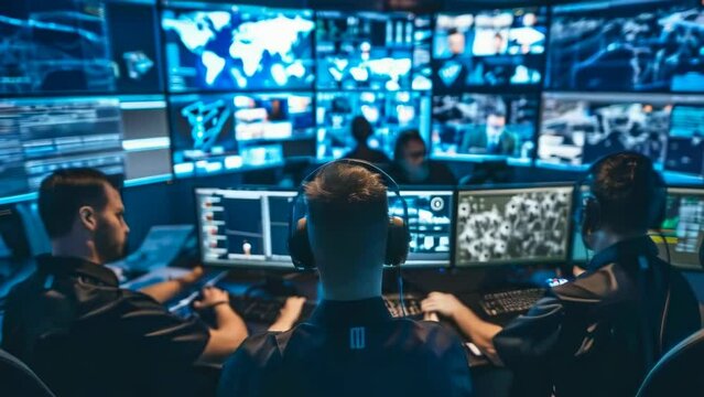 Operators attentively monitor screens displaying global data, efficiently managing, analyzing real-time information high-tech security control room, emphasizing teamwork, cutting-edge technology