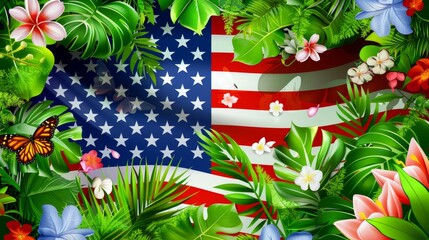 Tropical Paradise Meets American Pride: USA Flag and Exotic Flora Fusion