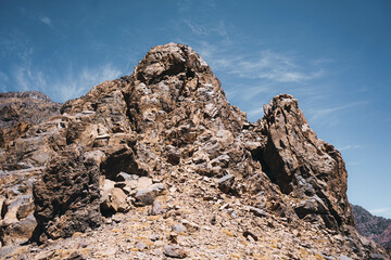 Toubkal National Park in Morocco is a landscape with rugged terrain. 
