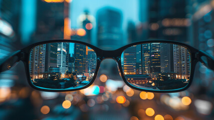 A city scene is in focus through eyeglasses, while the background is blurred. This represents the concept of vision.