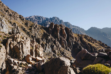 Toubkal National Park in Morocco is a landscape with rugged terrain. 

