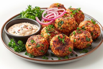 Grilled falafel balls beautifully presented on a ceramic plate with shredded onions and drizzled with tahini sauce