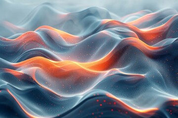 This image features a digitally-generated abstract wavy texture with particles, glowing lines, and...