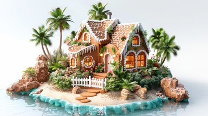 Fototapeta premium A small house with a white picket fence is on a beach
