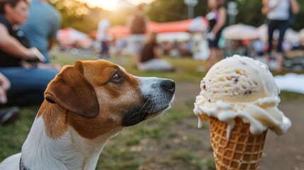 Curious Dog Eyeing a Vanilla Ice Cream Cone at a Summer Festival