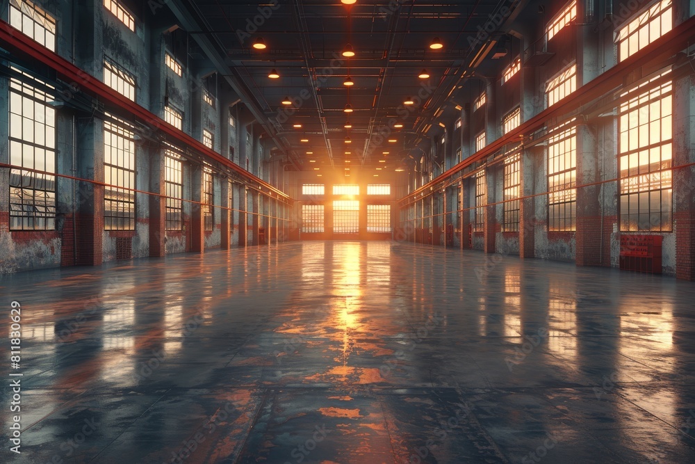 Aufkleber an empty industrial space with large windows is bathed in the warm glow of a sunset, creating a stri