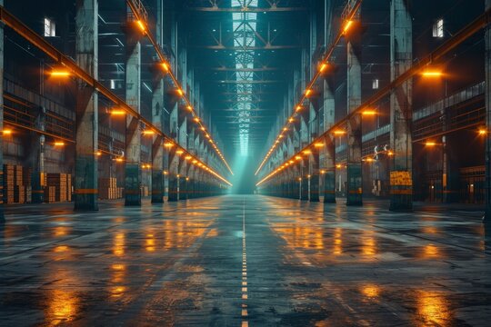 Symmetrical view of a spacious industrial facility, highlighted by vibrant orange lights and a reflective floor