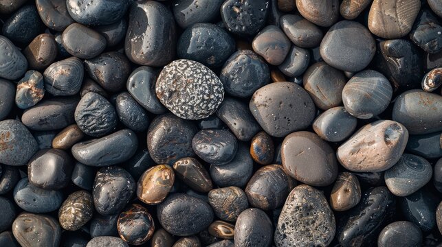 Round, smooth pebbles in a texture. Sea beach with dark wet pebbles and gray dry pebbles in close-up
