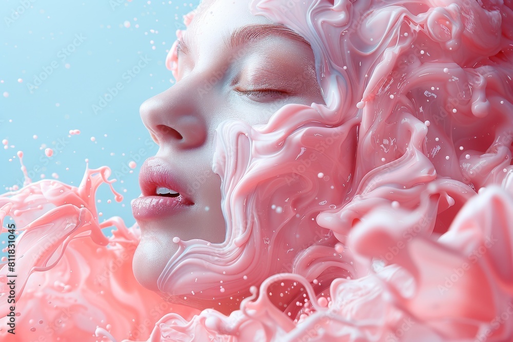 Poster blurred focus on an abstract composition of playful pink paint splashes, emphasizing color and movem