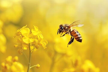 Close-up macro of bee on yellow flower. Honey bee collects nectar. Flying large honeybee collecting bee pollen from flowers blossom. Blur natural background. Sunny bright day. Summer and spring.