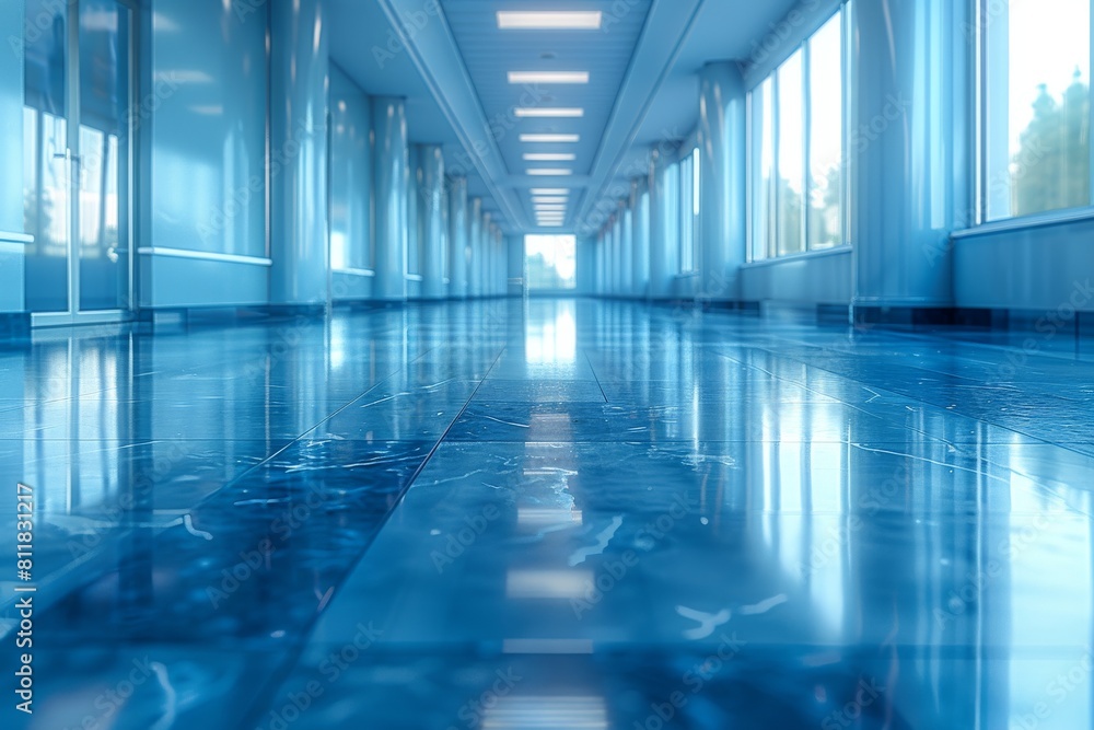 Poster this image features a long stretch of an empty blue-floored corridor in a modern office building des