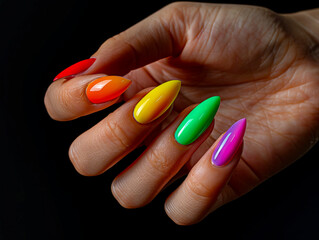 Fototapeta premium A woman holding colorful nails on black background.