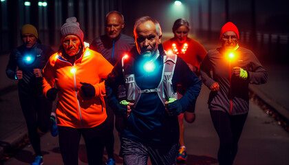 capturing a group of mature joggers during a nighttime run, adorned with safety lights and reflective gear, illuminating their path and ensuring safety, Running, Group Of People, J