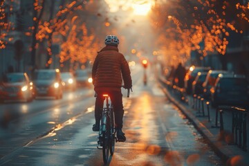 A lone cyclist rides down a sun-drenched city street, the sunset casting a warm glow and dynamic...