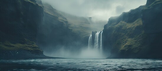 Scenic waterfall in front of a beautiful landscape, created with AI - Powered by Adobe
