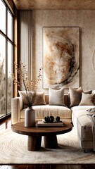 Photorealistic, beige living room with large abstract painting on the wall above sofa and armchair.