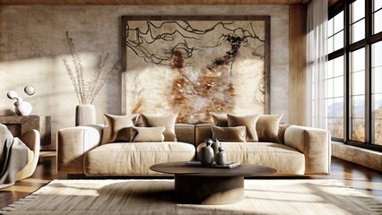 Photorealistic, beige living room with large abstract painting on the wall above sofa and armchair.