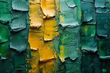 Abstract artwork featuring a close-up of textured paint strokes in green and yellow hues