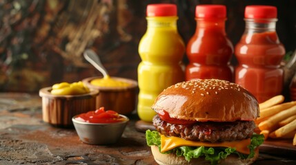 Classic Cheeseburger Meal with Condiments and Sides on Rustic Background