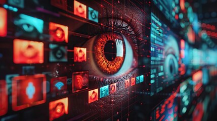 A digital montage featuring a closeup eye shot with superimposed warning alerts about privacy breaches, surrounded by visuals of compromised devices like laptops and phones - obrazy, fototapety, plakaty