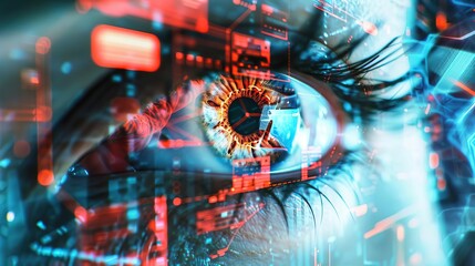 A digital montage featuring a closeup eye shot with superimposed warning alerts about privacy breaches, surrounded by visuals of compromised devices like laptops and phones