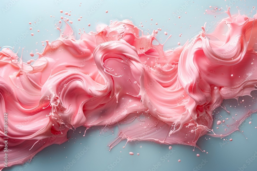 Poster the image depicts a pink fluid art wave with intricate swirls and droplets, creating a sense of move