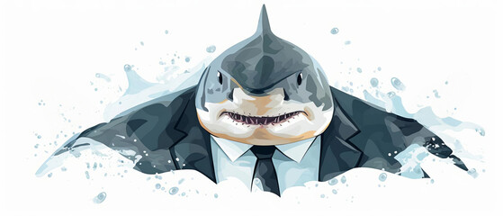 A shark wearing a suit and tie is shown in a white background