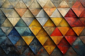 Striking harlequin pattern wall with a mix of blue, yellow and red triangles on a textured surface