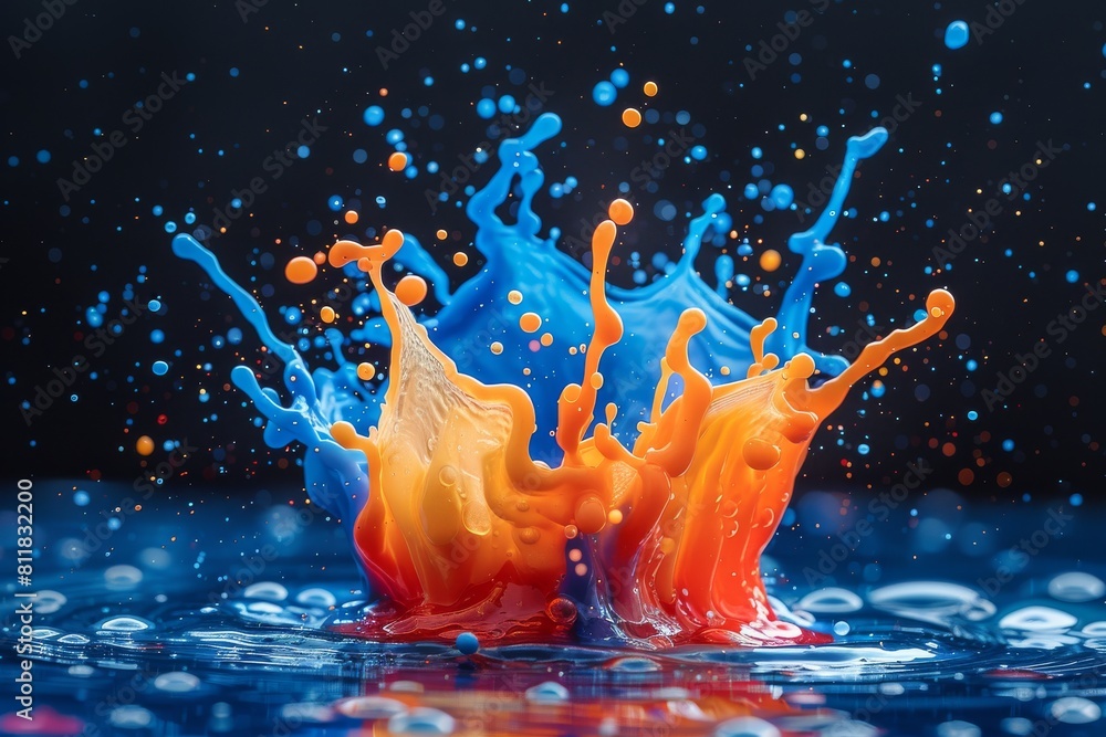 Poster action shot of blue and orange paint splashing against a dark backdrop, creating an explosive abstra
