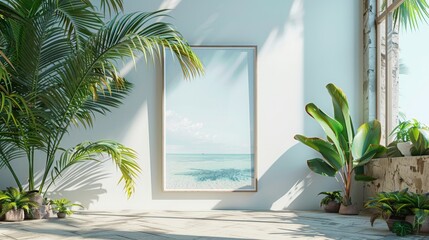 A white room with a large framed picture of a beach and palm trees