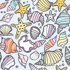 Colorful Seashells and Starfish Pattern Vector Illustration