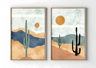 Desert with cactus wall art set of 2 prints. Modern mid century blue and mustard yellow posters in wooden frames.