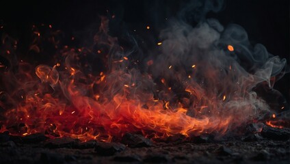 Inferno Ambiance, Background with Fire Sparks, Embers, and Smoke Overlay, Red Sparkles and Fog on Black