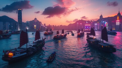 View of the bustling harbor of Hong Kong