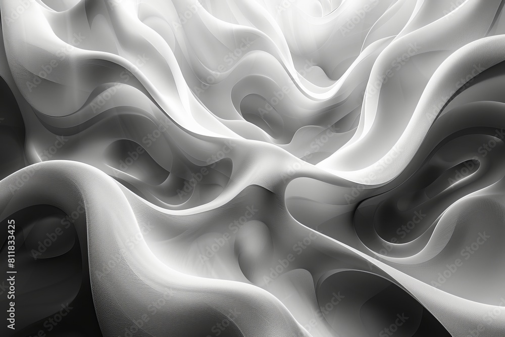 Poster an elegant grayscale image displaying a supple, silken fabric texture with undulating waves and fold